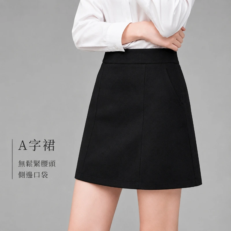 (裙長42cm) A字裙 短裙（有口袋）｜西裝布 無彈性 職業女裙 領口袖口設計