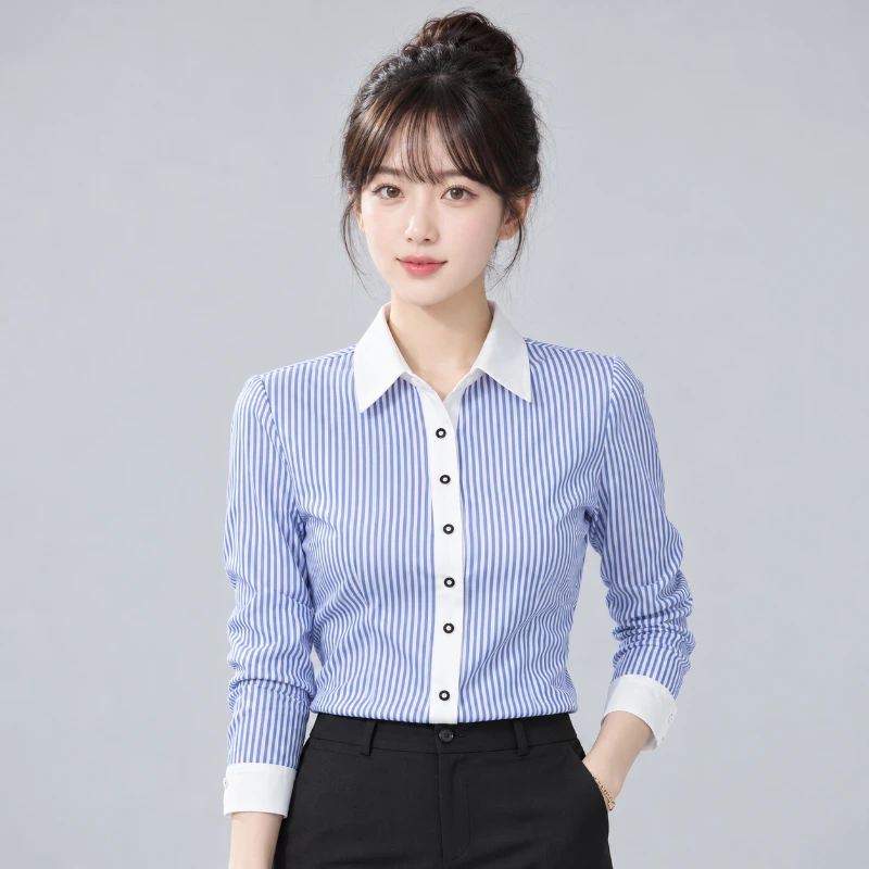 藍色直條紋 女條紋襯衫 白領拼接 OL長袖WCPS143｜制服批發 正面全身展示