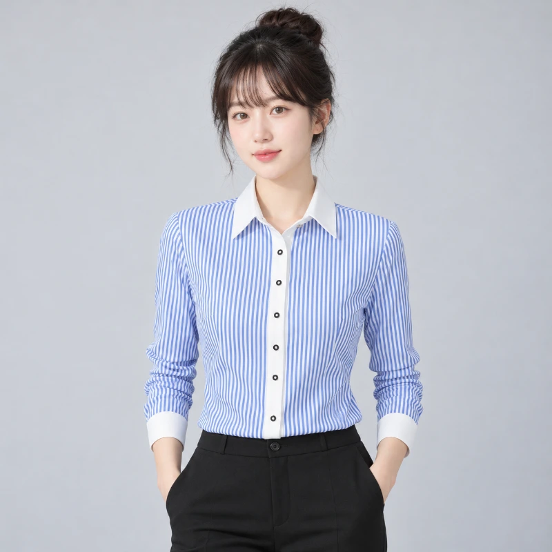 藍色直條紋 女條紋襯衫 白領拼接 OL長袖WCPS143｜制服批發 側面穿搭展示