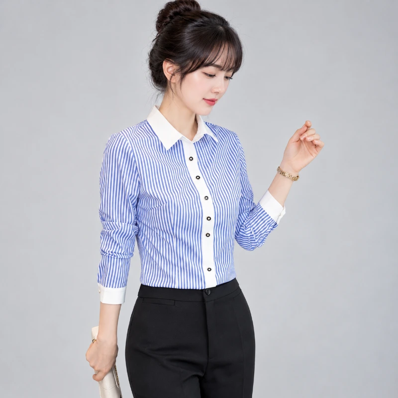 藍色直條紋 女條紋襯衫 白領拼接 OL長袖WCPS143｜制服批發 背面展示