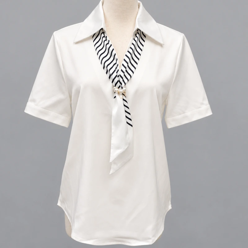 OL雪紡衫 條紋綁帶 珍珠飾品 短袖女襯衫|制服批發 正面全身展示