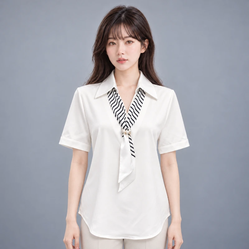 OL雪紡衫 條紋綁帶 珍珠飾品 短袖女襯衫|制服批發 布料材質特寫
