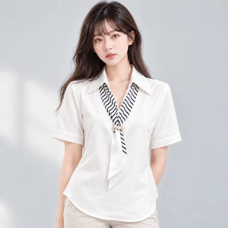 OL雪紡衫 條紋綁帶 珍珠飾品 短袖女襯衫|制服批發 細節特寫