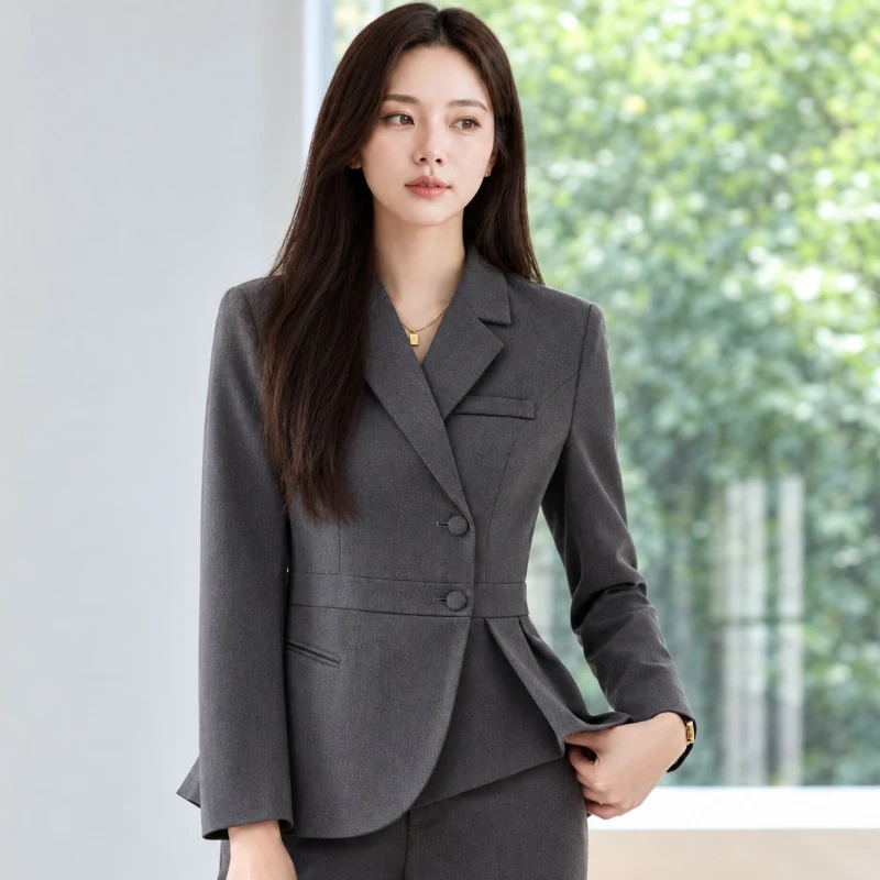 灰色女西裝外套 雙排扣荷葉邊高質感修身 布料材質特寫