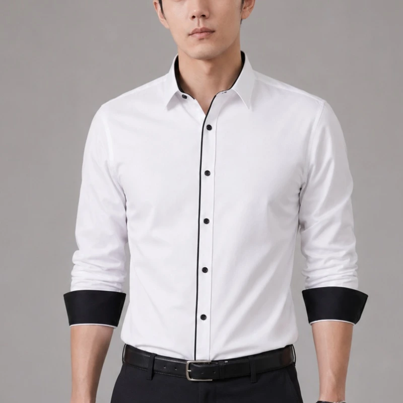 韓版黑白拼接修身男長袖白襯衫 上班業務百搭 側面穿搭展示