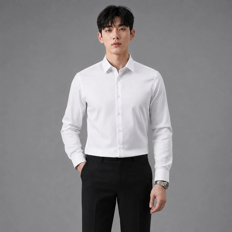 白襯衫男 (無口袋)精品抗皺 涼感 免燙襯衫 高級絲光棉｜商務上班面試百搭 側面穿搭展示
