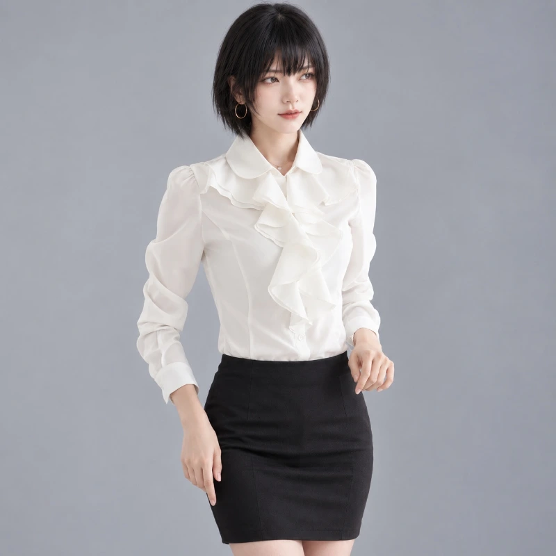 OL蕾絲荷花邊 OL女襯衫 雪纺衫 正面全身展示