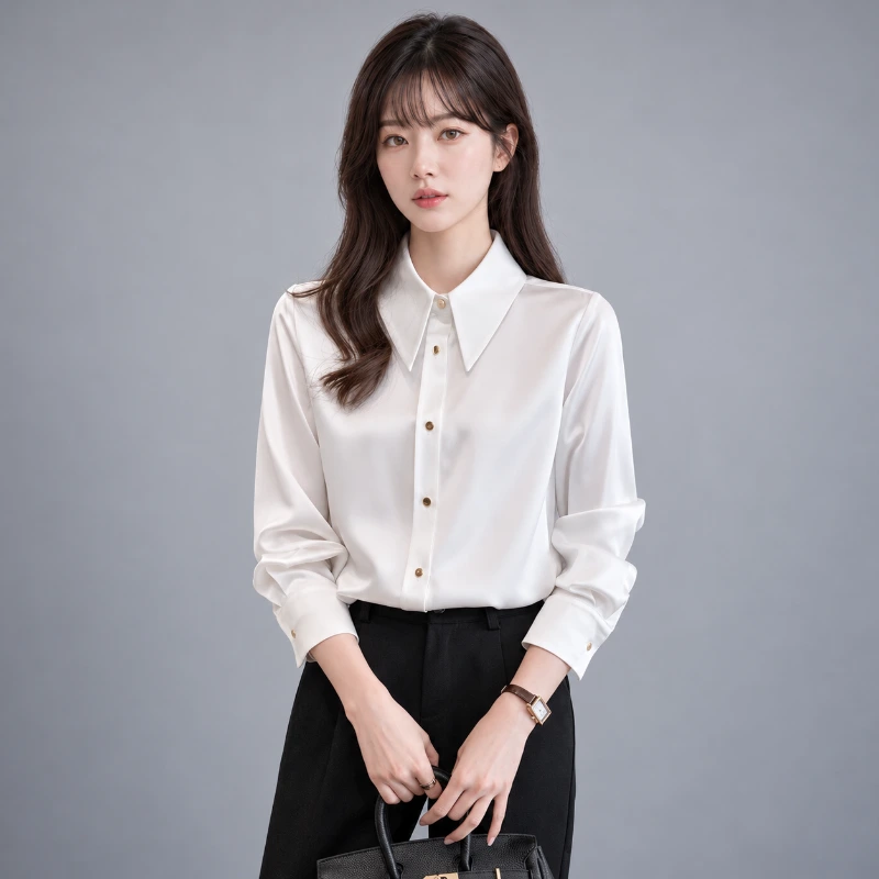 韓國女白襯衫 復古尖領 高品質雪紡衫 (免燙)WCPS64|制服批發 正面全身展示