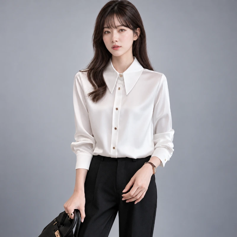 韓國女白襯衫 復古尖領 高品質雪紡衫 (免燙)WCPS64|制服批發 側面穿搭展示