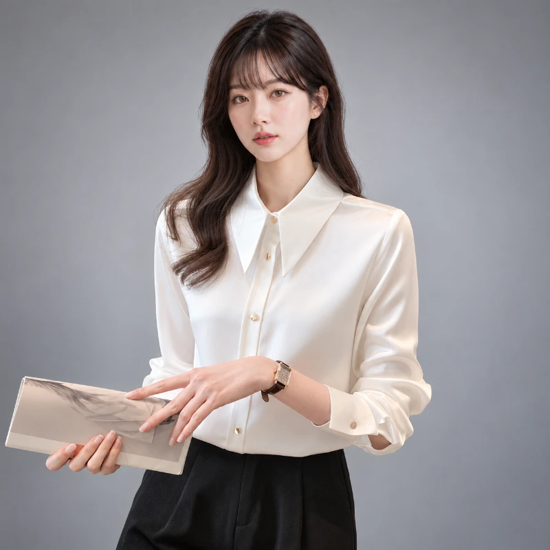 韓國女白襯衫 復古尖領 高品質雪紡衫 (免燙)WCPS64|制服批發 背面展示