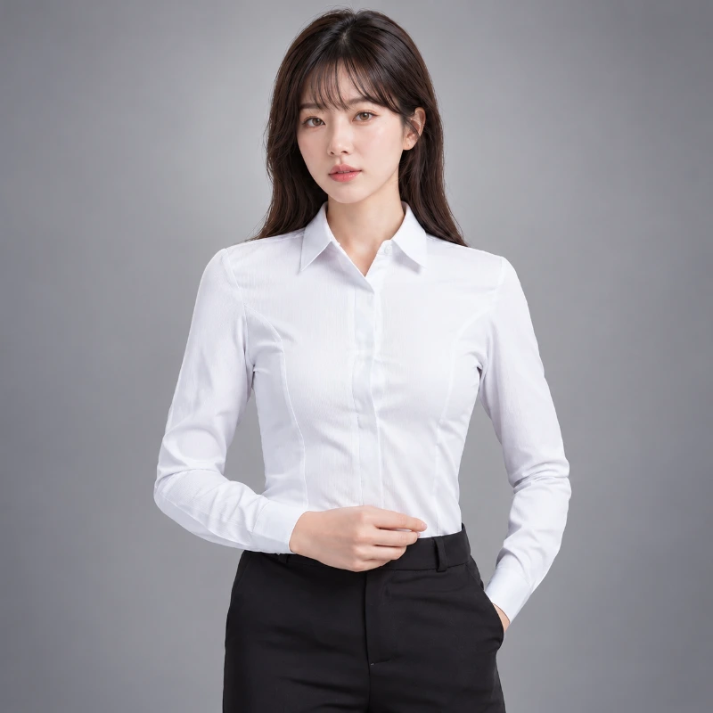 (細直條紋)防走光隱藏扣子 OL女白襯衫 長袖(白色)WCPS85|制服批發 正面全身展示
