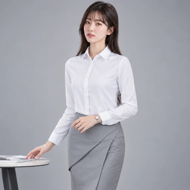 (細直條紋)防走光隱藏扣子 OL女白襯衫 長袖(白色)WCPS85|制服批發 布料材質特寫