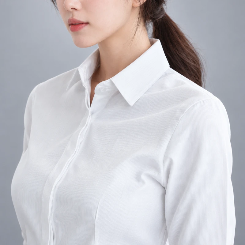 (細直條紋)防走光隱藏扣子 OL女白襯衫 長袖(白色)WCPS85|制服批發 整體穿搭造型