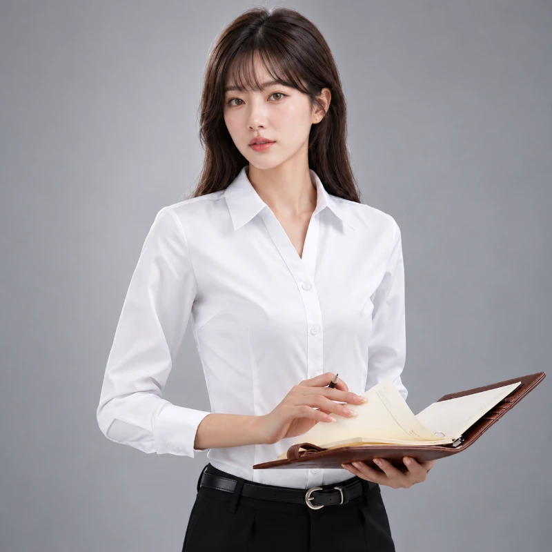 V領 混紡棉 白色襯衫女 (加挺版 長袖 ) 台灣現貨WCPS65｜制服批發 側面穿搭展示