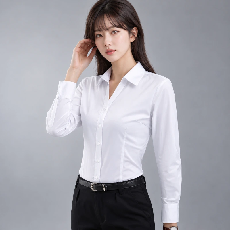 V領 混紡棉 白色襯衫女 (加挺版 長袖 ) 台灣現貨WCPS65｜制服批發 背面展示