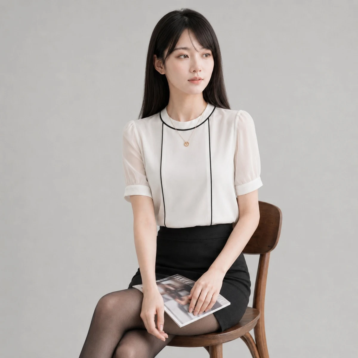 寬鬆版 高品質雪紡 圓領黑條拼接白衣短袖女襯衫wcps71 領口袖口設計
