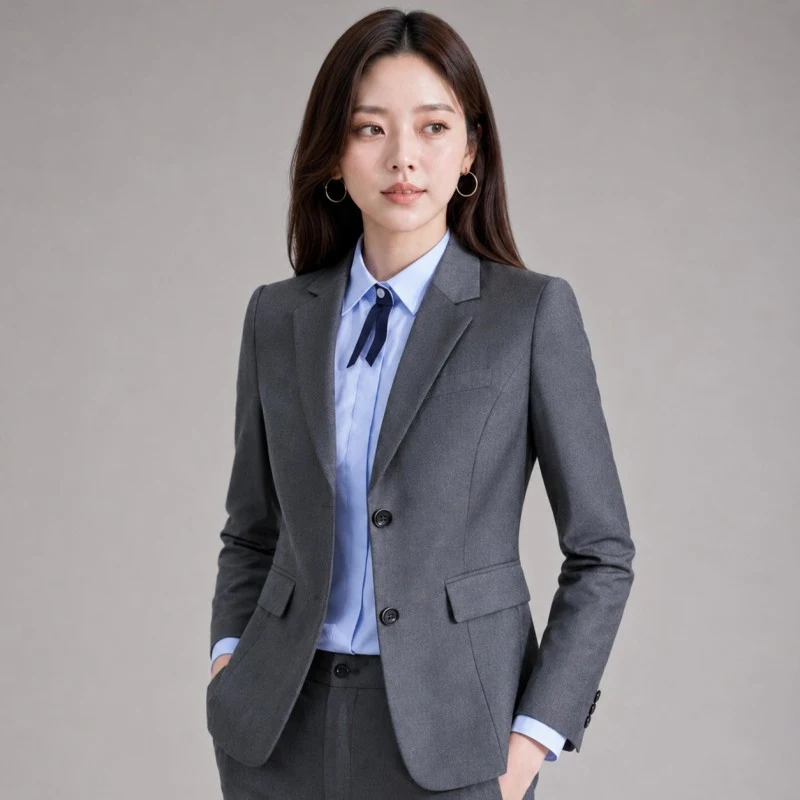 平價女西裝外套(雙釦修身)深灰色 專業場合必備 背面展示