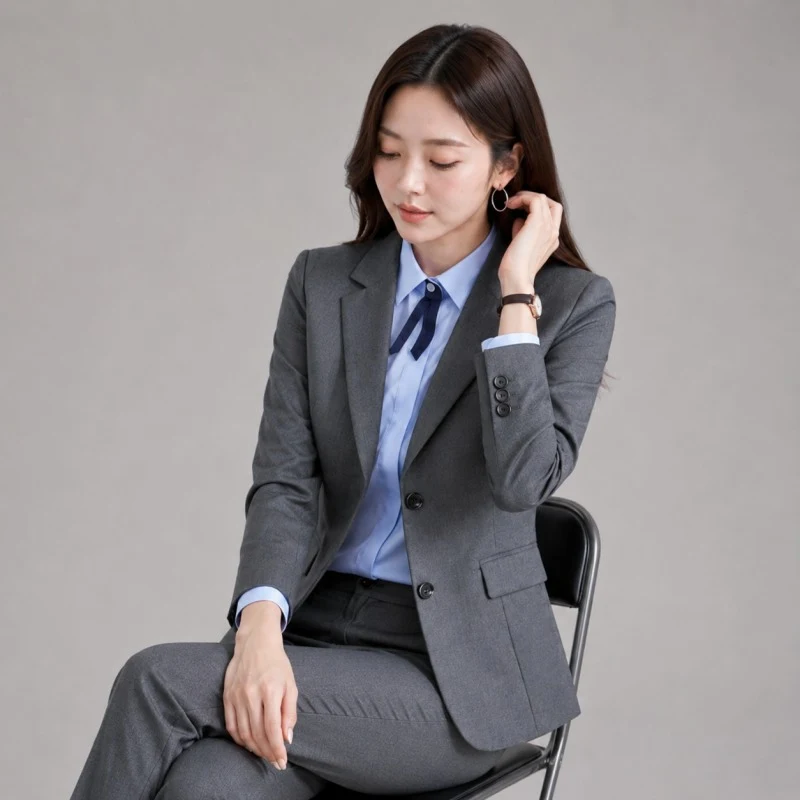 平價女西裝外套(雙釦修身)深灰色 專業場合必備 布料材質特寫