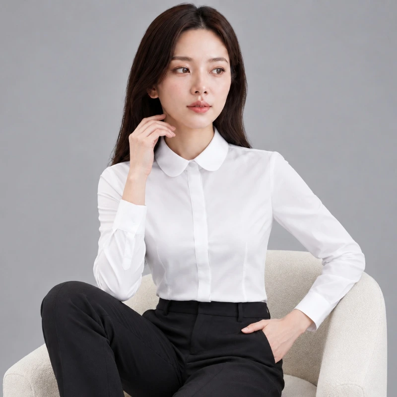 女白襯衫 圓領加挺版長袖 OL大尺碼 布料材質特寫