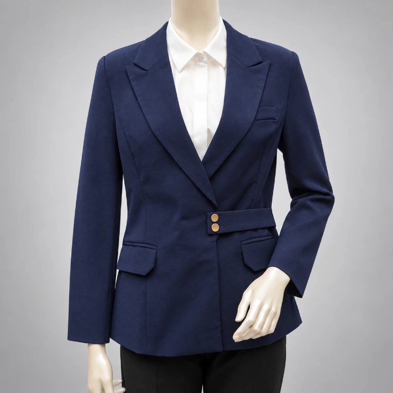 女西裝外套藍色 制服批發｜韓版收腰真口袋西裝外套 正面全身展示