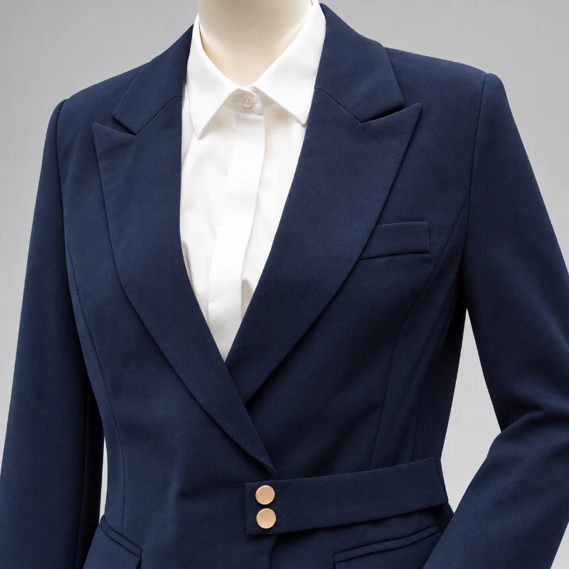 女西裝外套藍色 制服批發｜韓版收腰真口袋西裝外套 側面穿搭展示