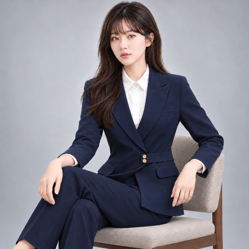 女西裝外套藍色 制服批發｜韓版收腰真口袋西裝外套 領口袖口設計