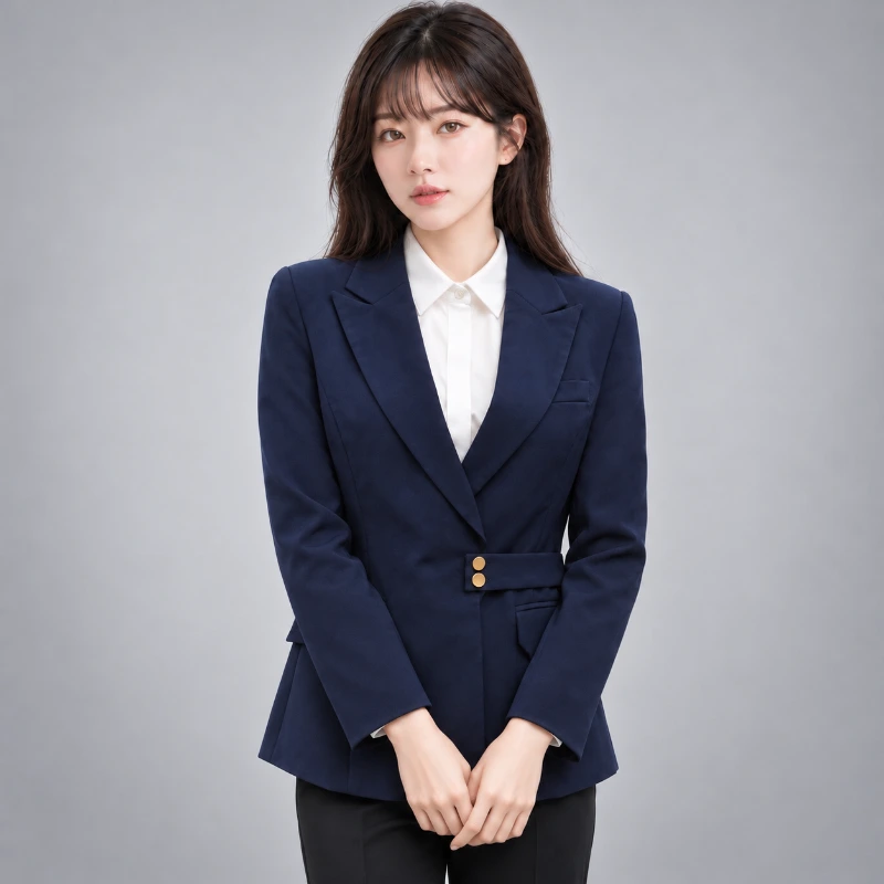 女西裝外套藍色 制服批發｜韓版收腰真口袋西裝外套 整體穿搭造型